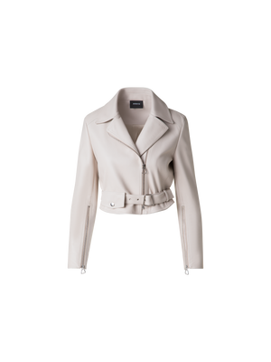 Designer Cropped Leder-Bikerjacke - Grau - Beige