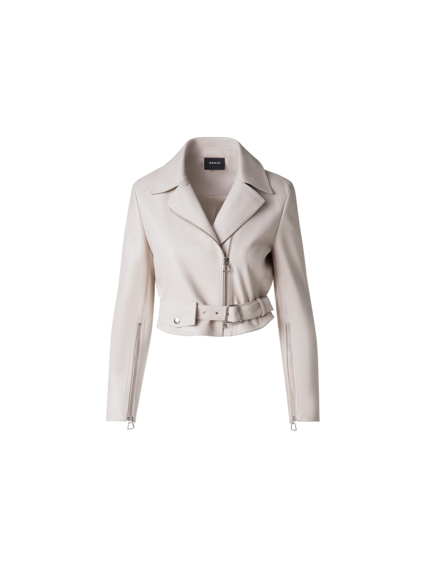 Designer Cropped Leder-Bikerjacke - Grau - Beige