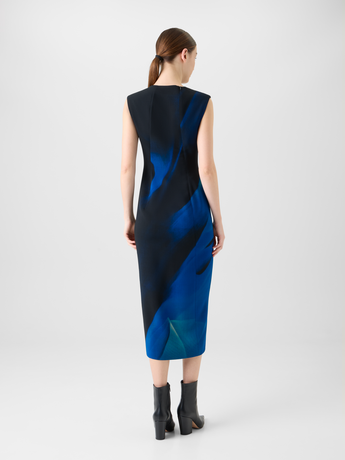 Designer Woll Etui Kleid in Cyanotype Print - Blau - Bunt #editorial