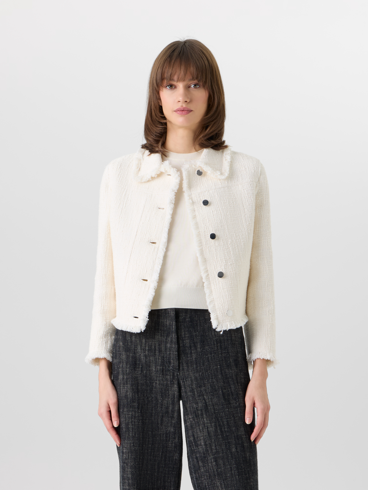 Designer Langärmelige Kurzjacke aus Baumwoll-Tweed-Mischgewebe - Ecru 