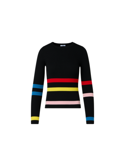 Designer Gerippter Strickpullover mit Farbblockstreifen - Schwarz
