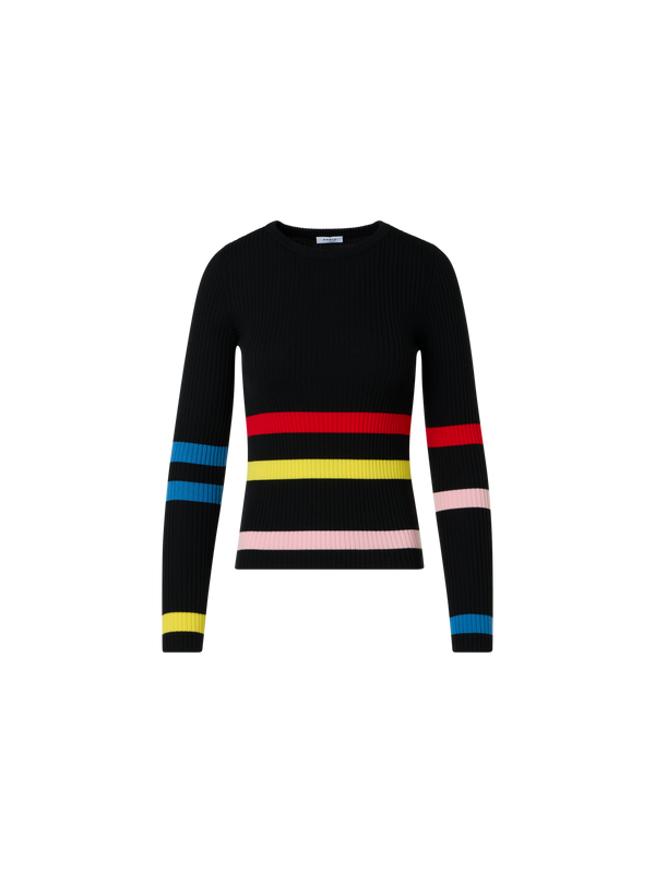 Designer Gerippter Strickpullover mit Farbblockstreifen - Schwarz