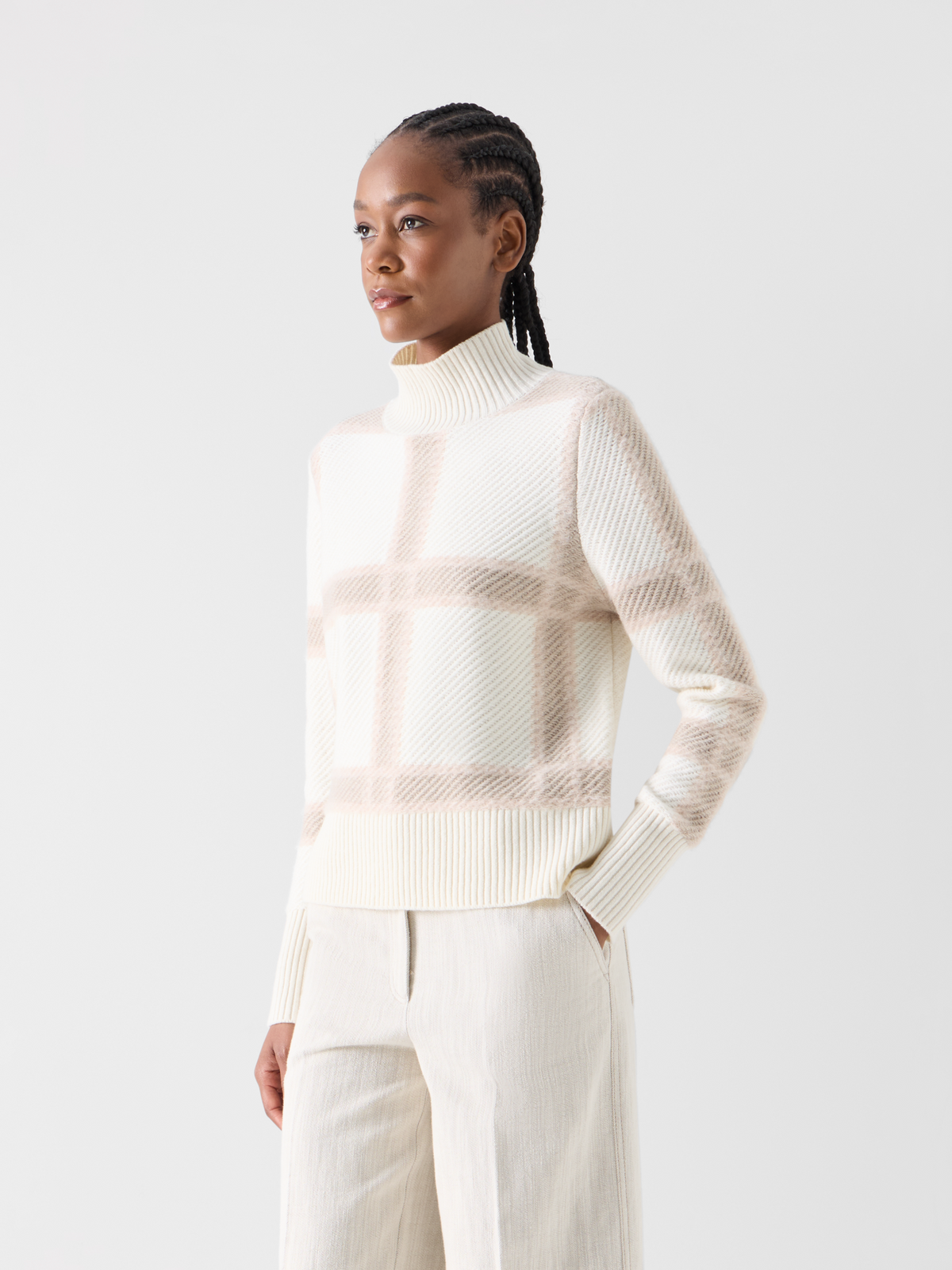Designer Wolle-Kaschmir Pullover mit Intarsia-Karo - Ecru - Bunt 