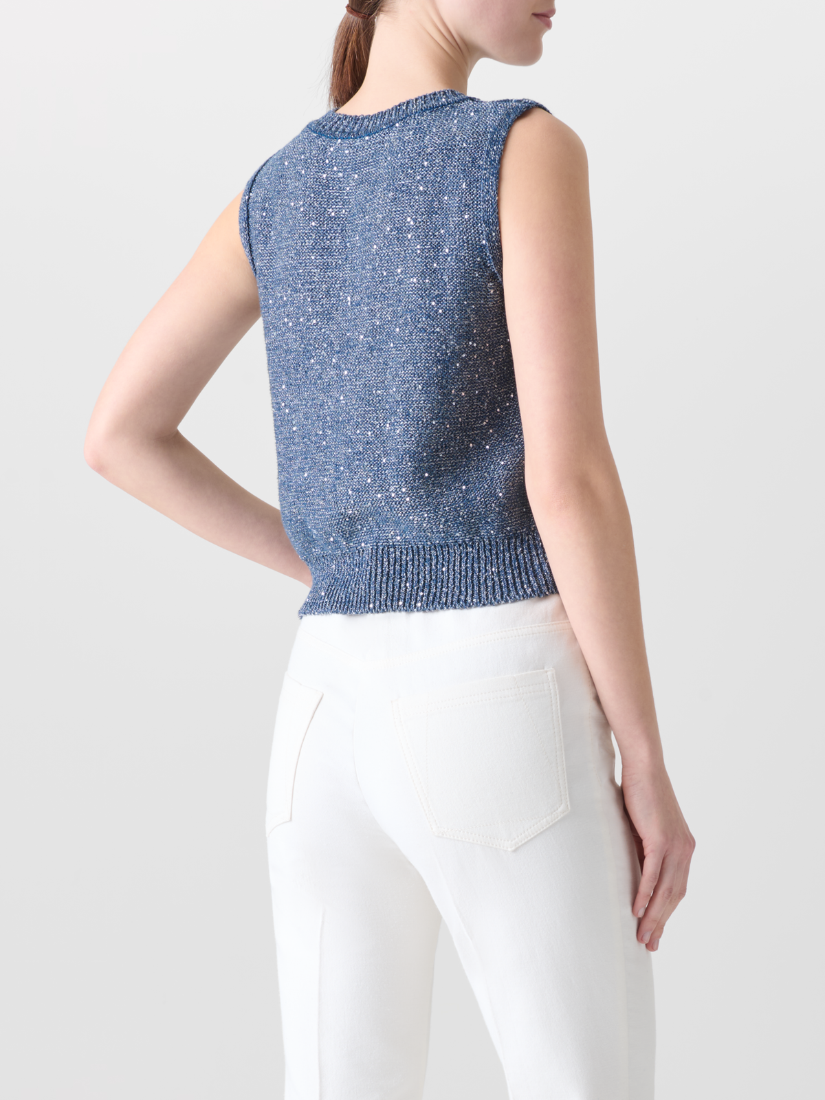 Designer Leinen-Baumwoll-Stricktop mit Pailletten - Blau