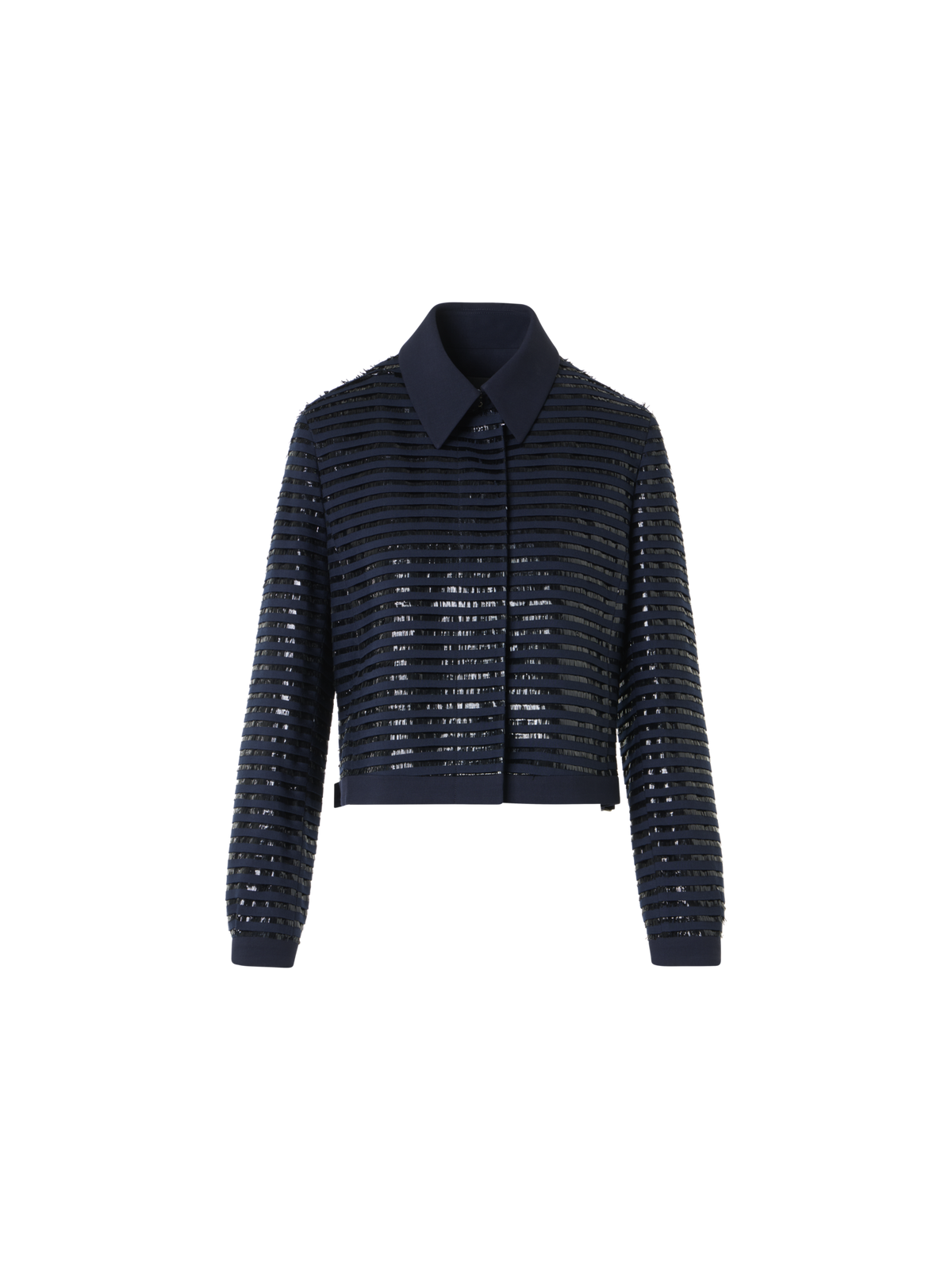 Designer Kurze Jacke aus Wolle mit Lamé Fransen-Stickerei - Dunkelblau