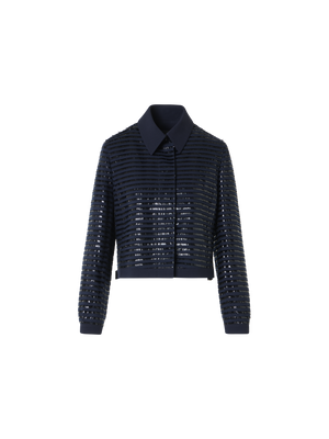 Designer Kurze Jacke aus Wolle mit Lamé Fransen-Stickerei - Dunkelblau