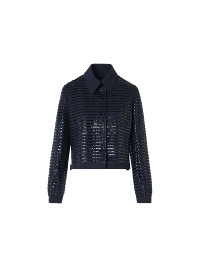 Designer Kurze Jacke aus Wolle mit Lamé Fransen-Stickerei - Dunkelblau