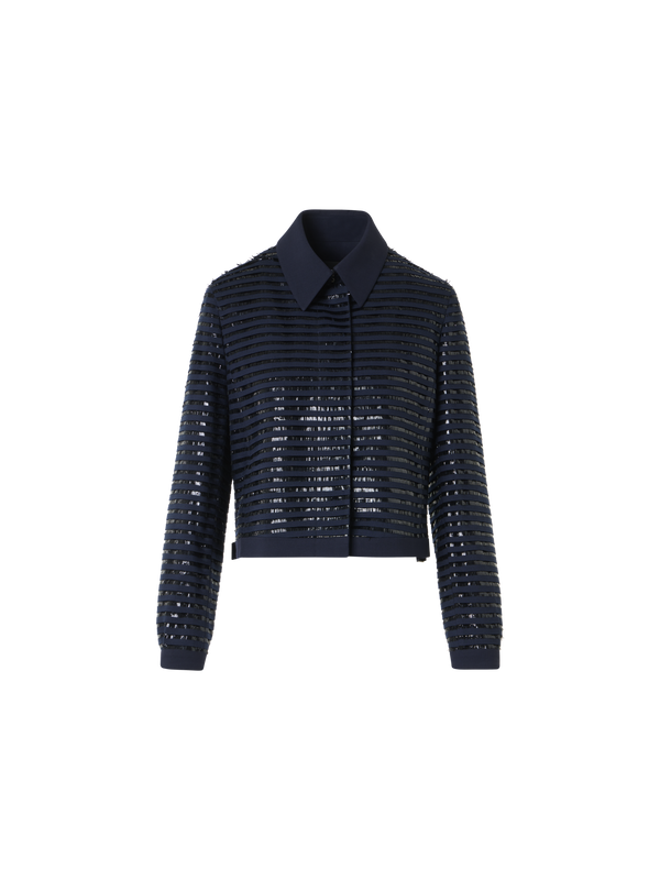 Designer Kurze Jacke aus Wolle mit Lamé Fransen-Stickerei - Dunkelblau