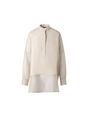 Designer Leinen Tunikabluse mit gestreiftem Organza - Grau - Beige