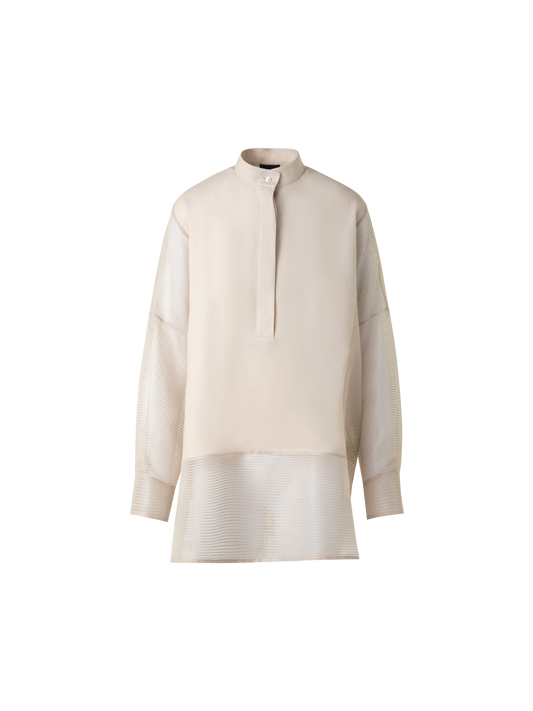 Designer Leinen Tunikabluse mit gestreiftem Organza - Grau - Beige