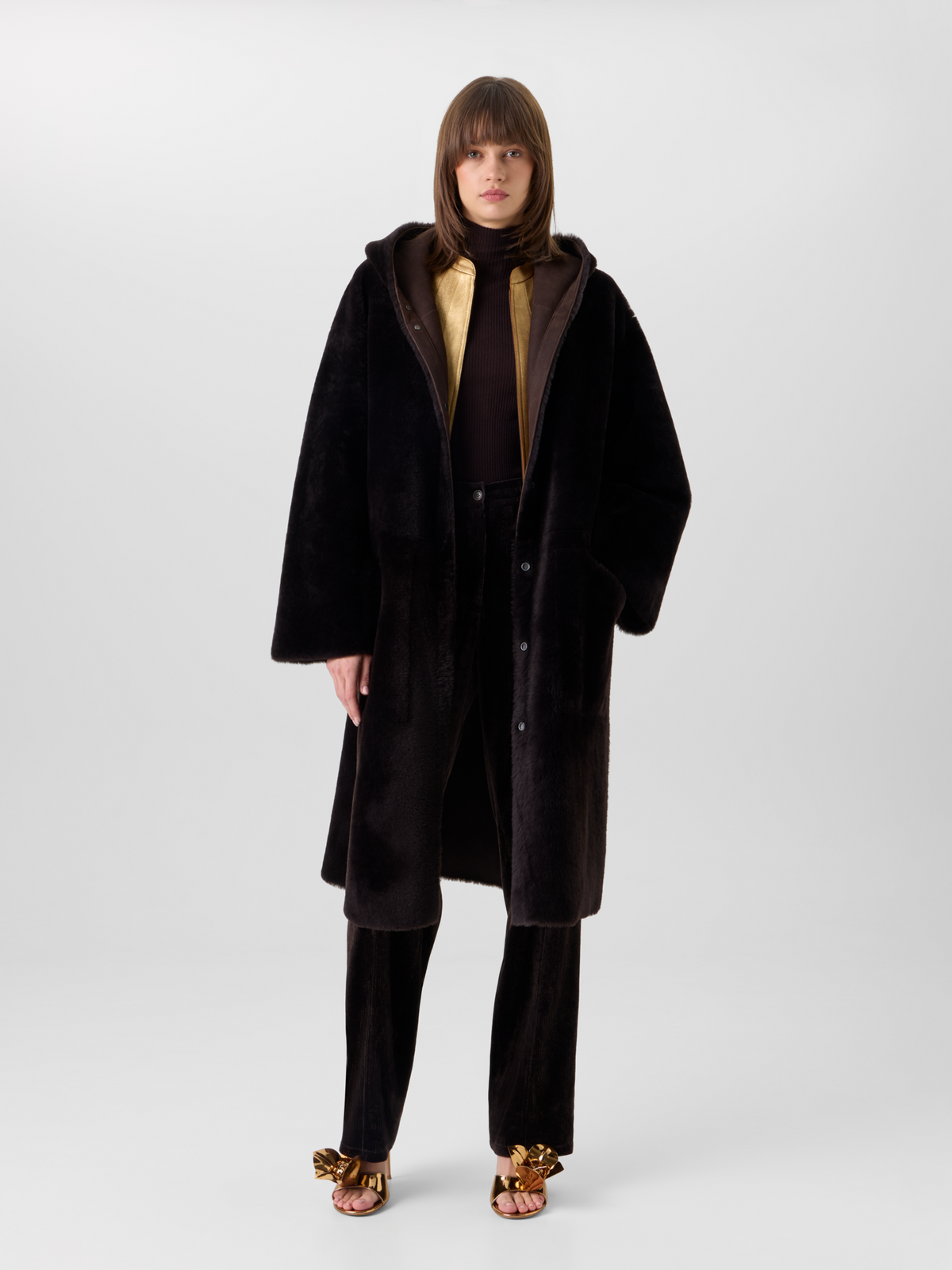 Designer Wendbarer Oversize-Shearling-Mantel mit Kapuze - Braun 