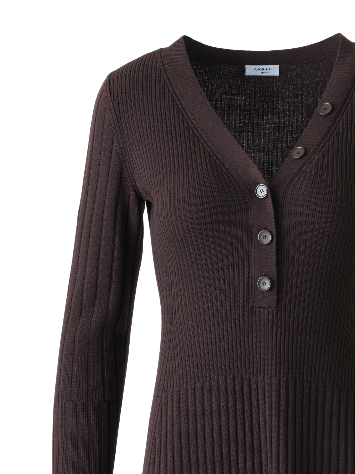 Designer Henley V-Neck Merino Wolle Strickkleid - Braun