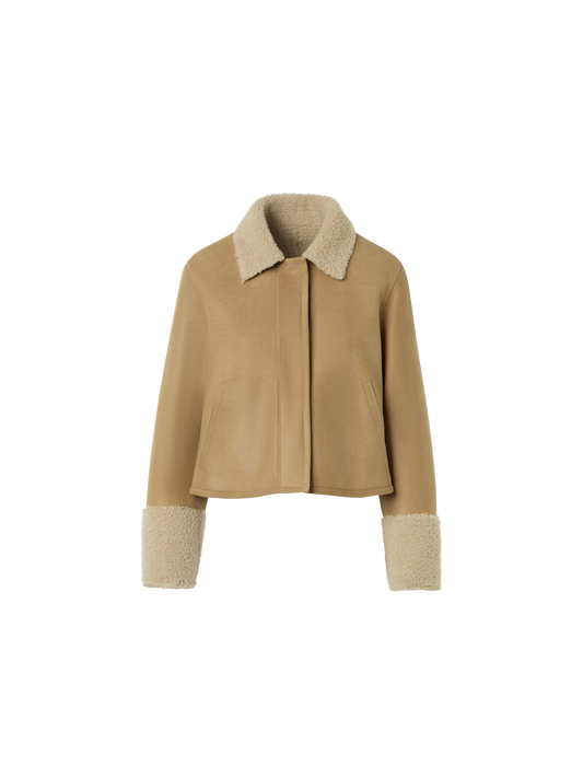 Designer Kurze Lammfelljacke mit Pelzkragen und Manschetten - Beige