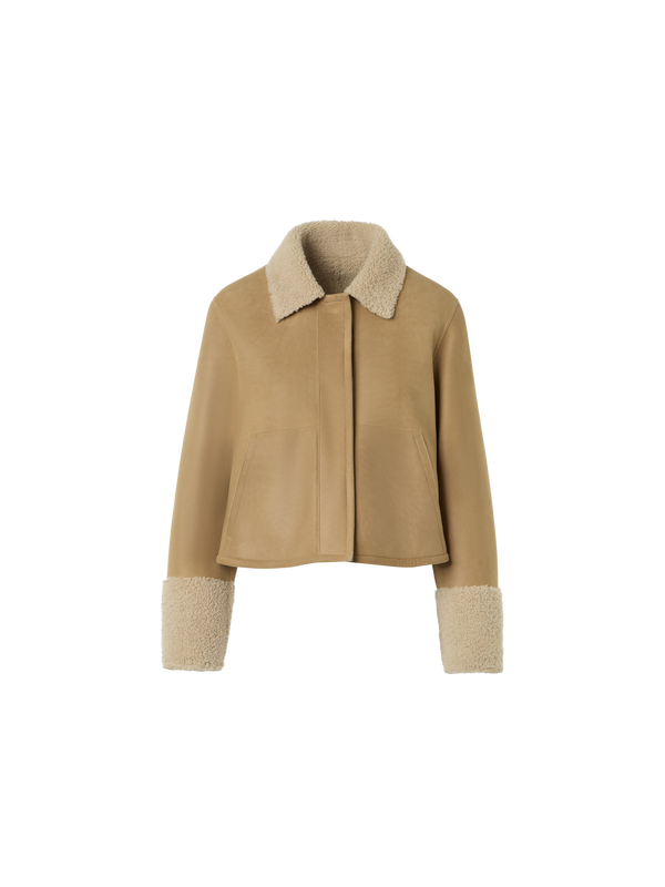Designer Kurze Lammfelljacke mit Pelzkragen und Manschetten - Beige