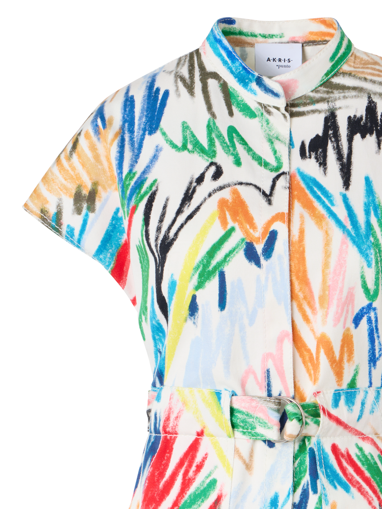 Designer Mini-Denimkleid mit Gürtel und Scribble-Druck - Bunt - Ecru