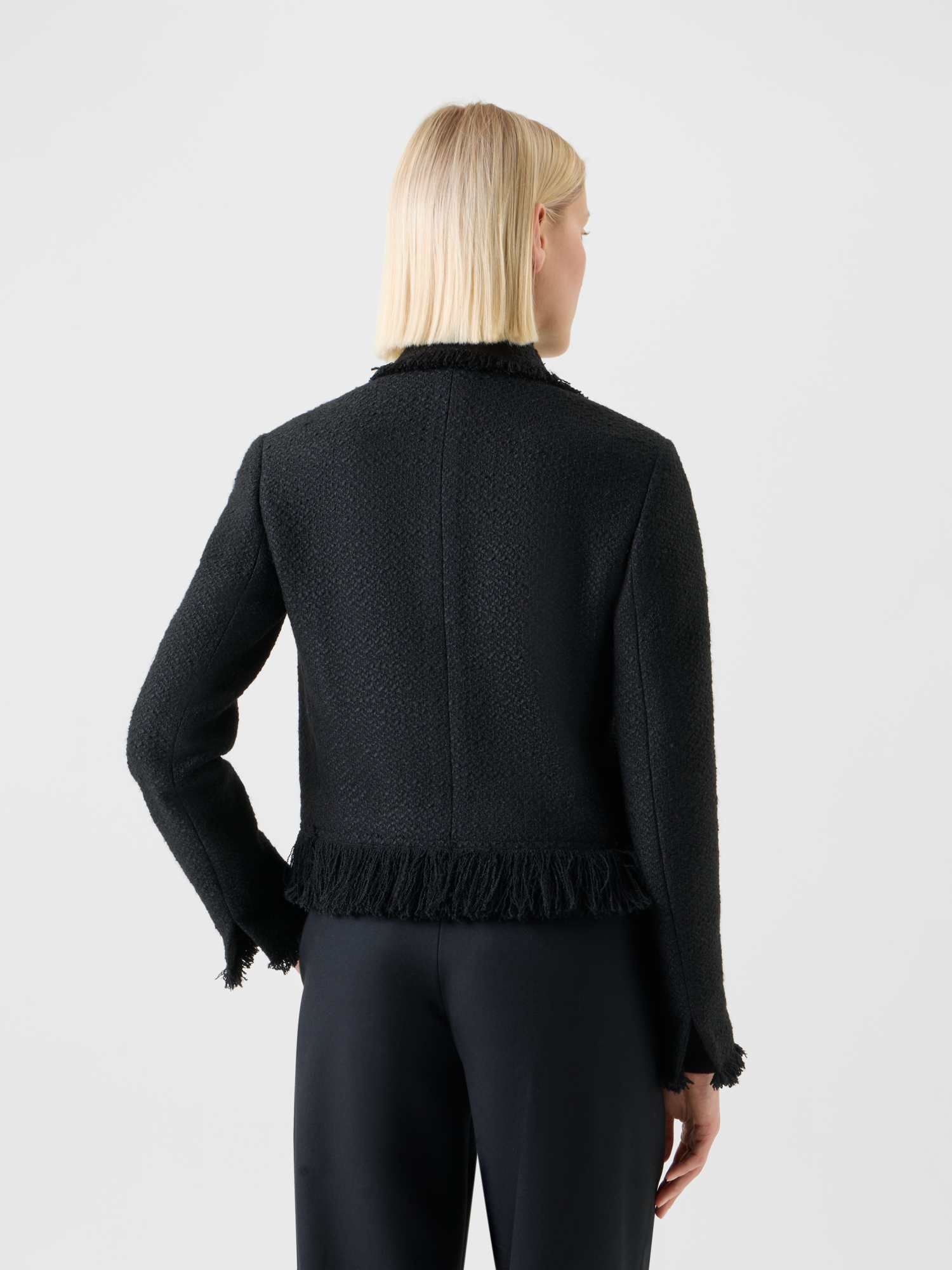 Designer Kurze Bouclé Tweed Jacke mit Fransen - Schwarz 