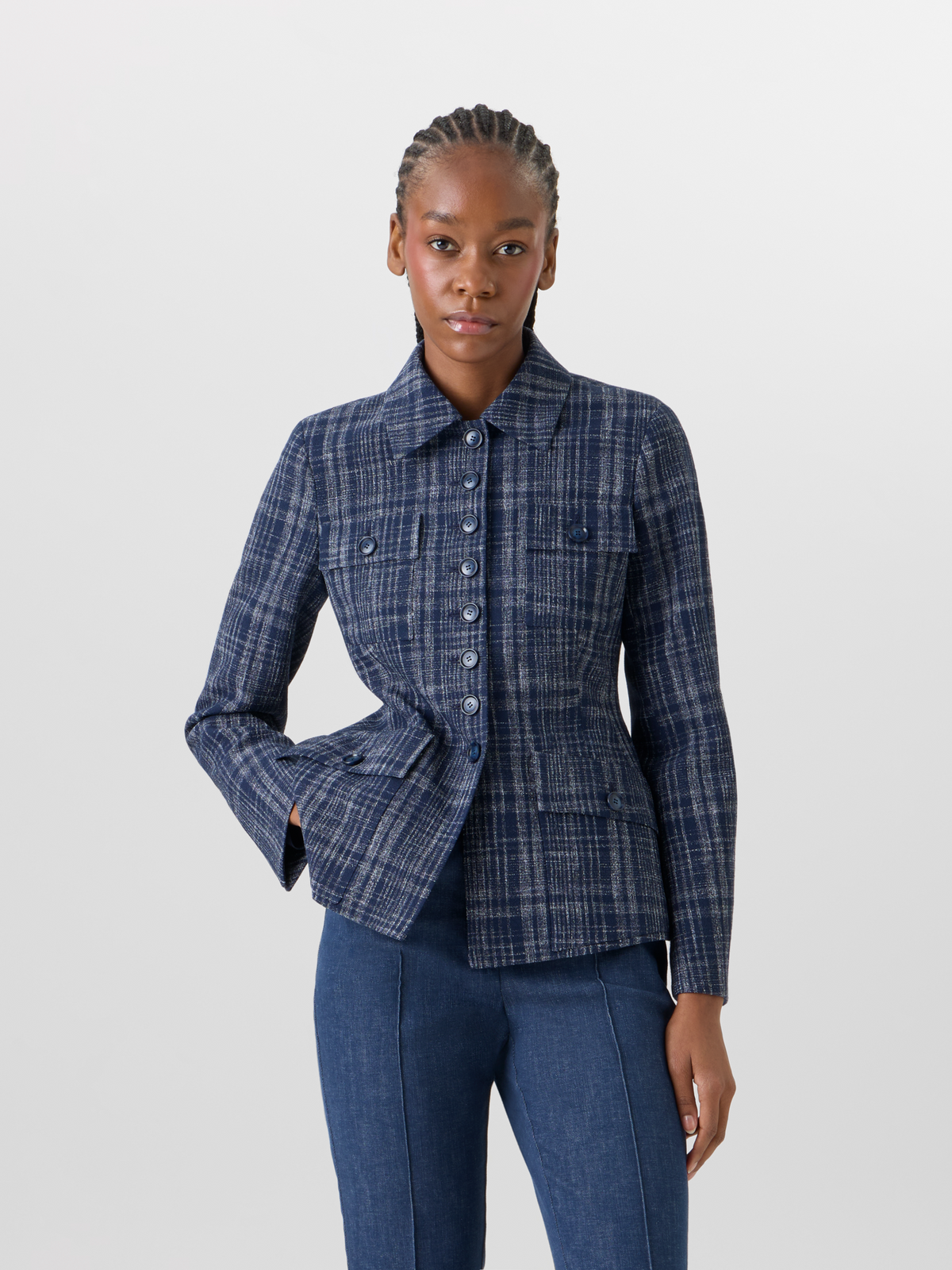 Designer Delia Jacke aus Woll-Viskose-Tweed - Blau #editorial