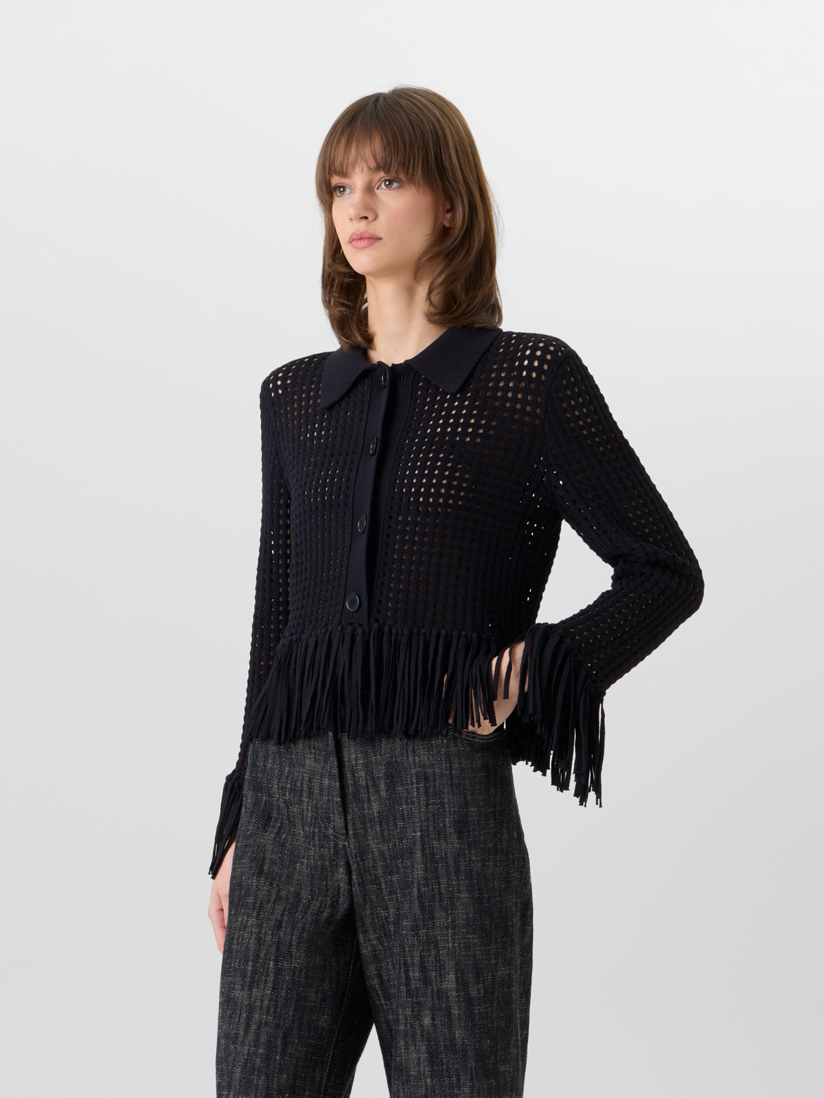 Designer Langärmelige, kurze Strickjacke aus grobem Baumwoll-Mesh - Schwarz #editorial