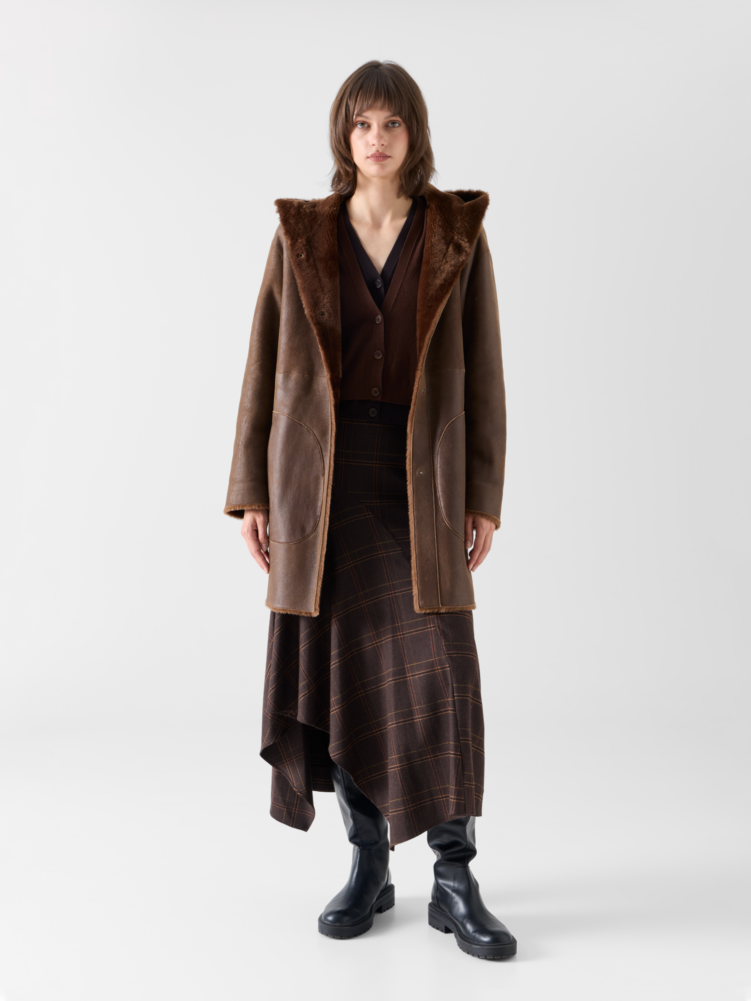 Designer Oversize-Wendeparka aus Lammfell mit Kapuze - Braun 