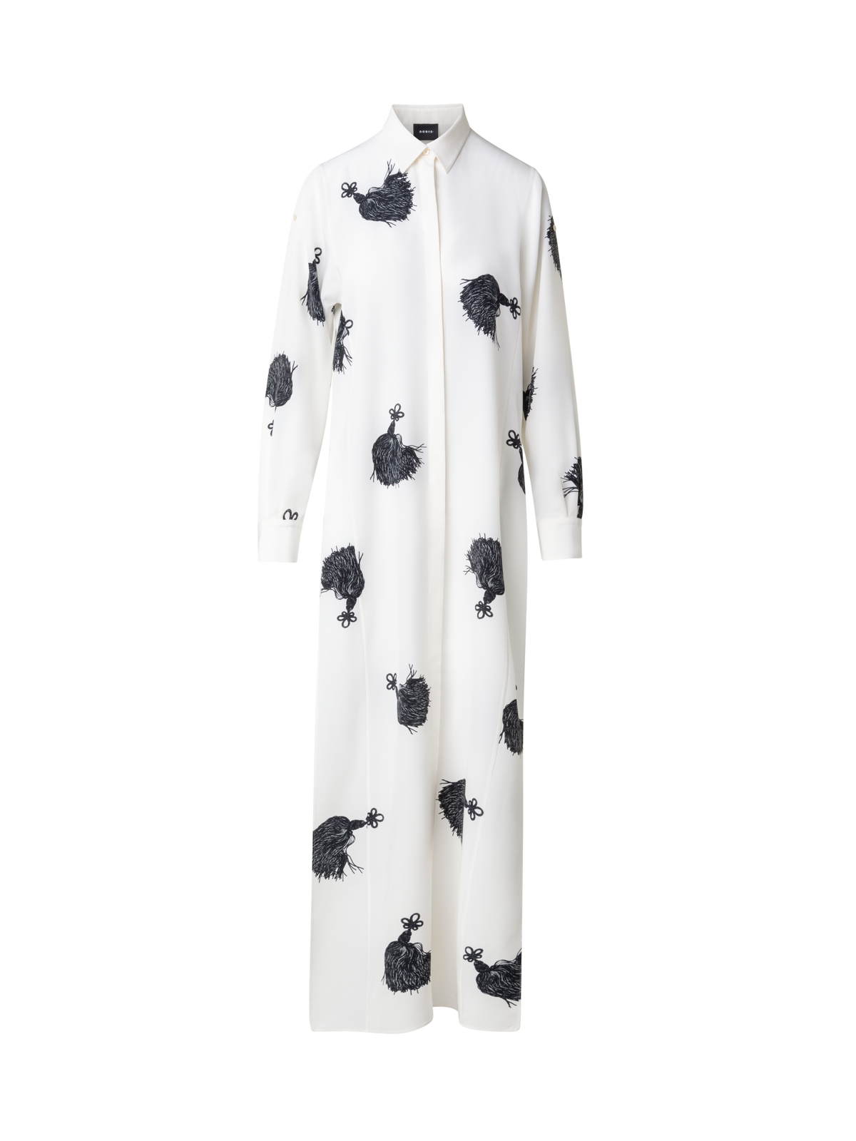 Designer Langes Seiden-Tunikakleid mit Quasten-Druck - Bunt - Ecru - Weiss