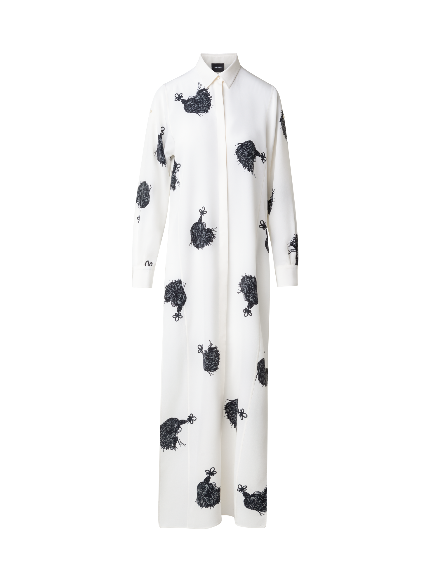 Designer Langes Seiden-Tunikakleid mit Quasten-Druck - Bunt - Ecru - Weiss