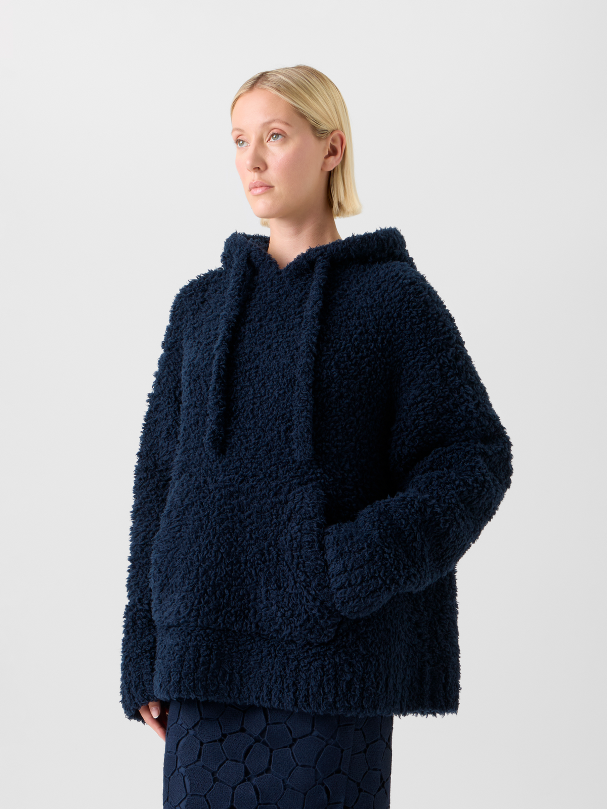 Designer Oversized Fantasiestrick Woll Kapuzenpulli - Dunkelblau - Blau #editorial