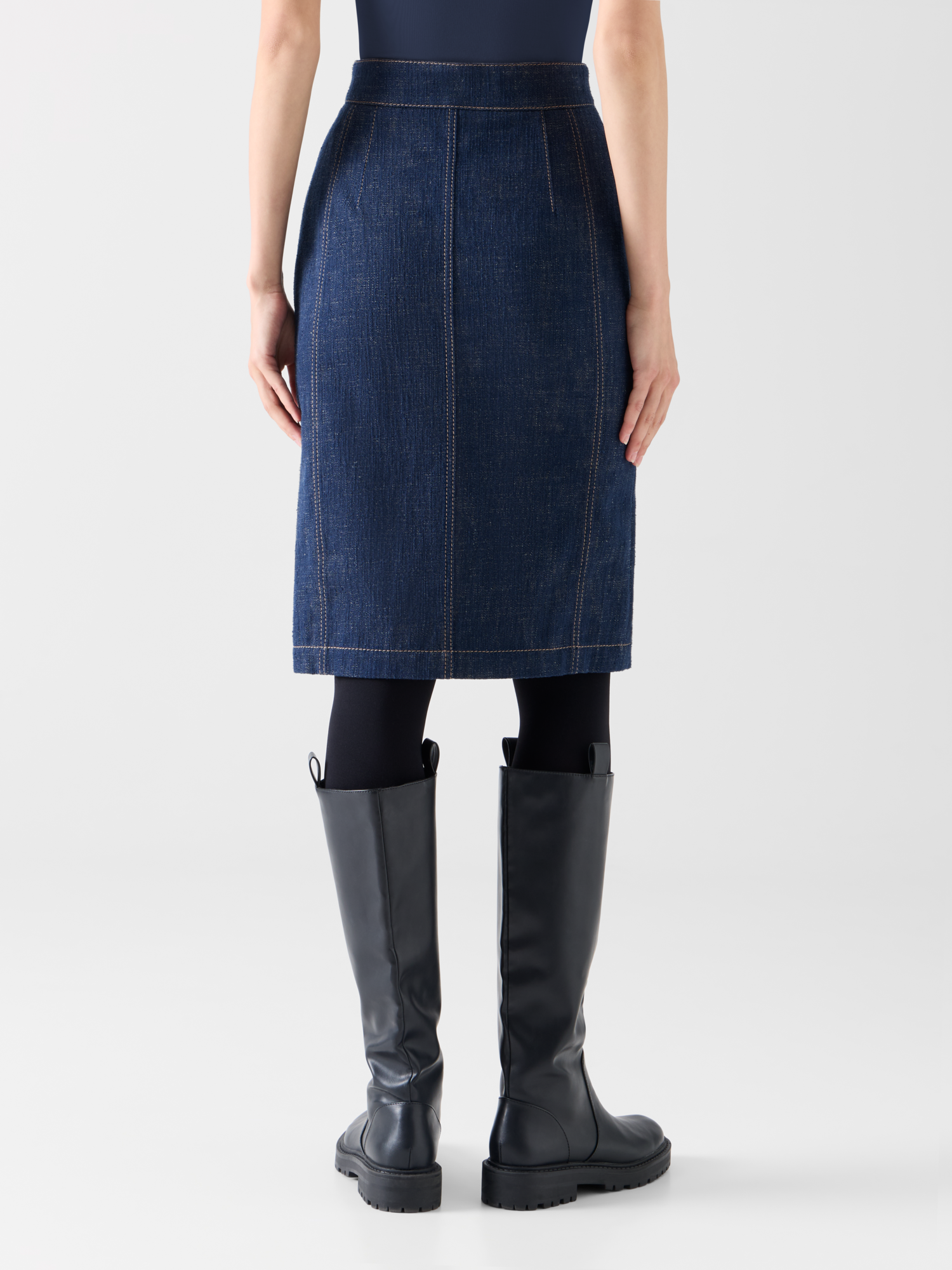 Designer Bleistiftrock aus Winter-Denim mit hohem Bund - Dunkelblau - Blau 