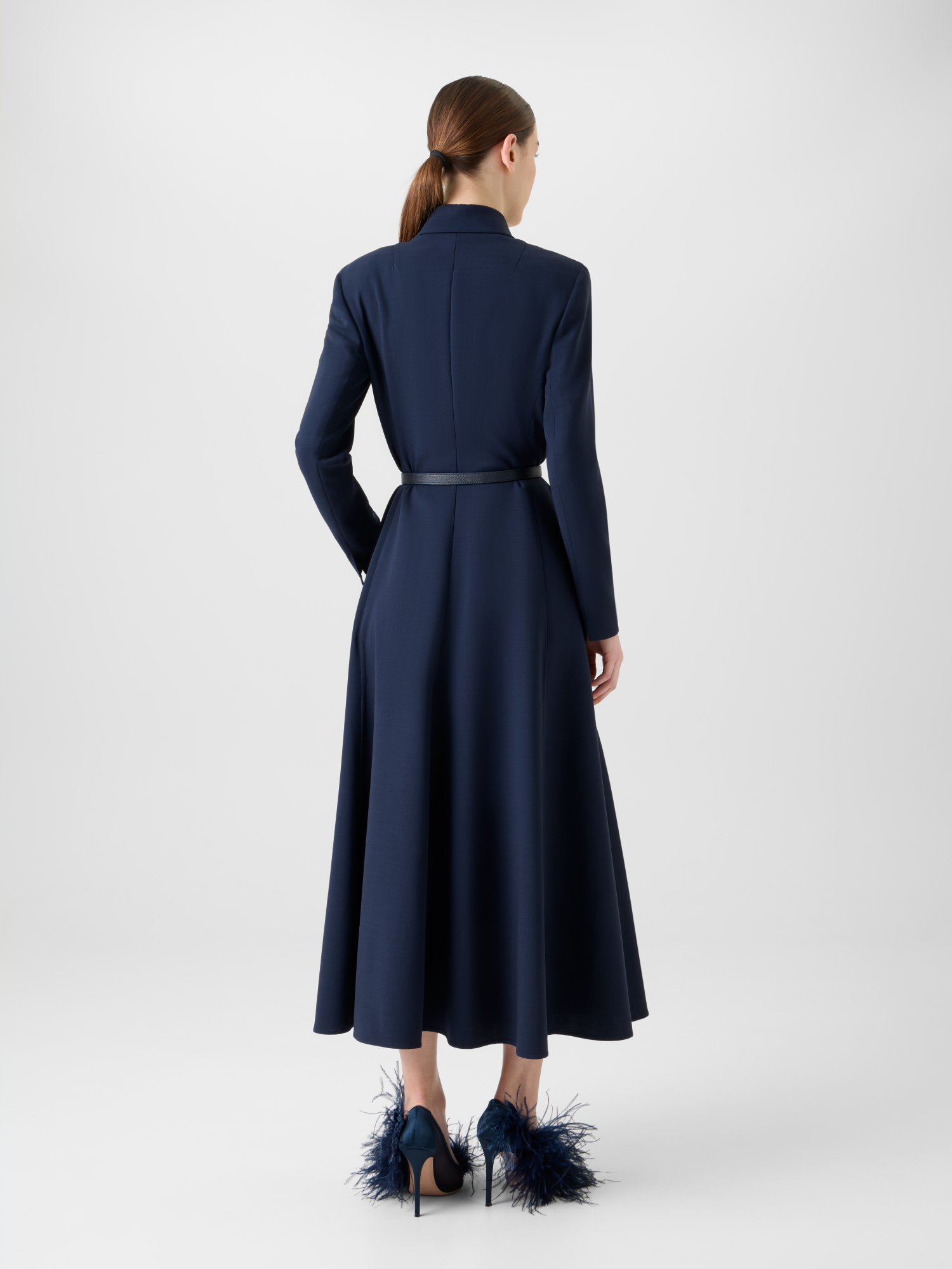 Designer Woll Doubleface Midi Hemd-Kleid mit Gürtel - Dunkelblau - Blau 