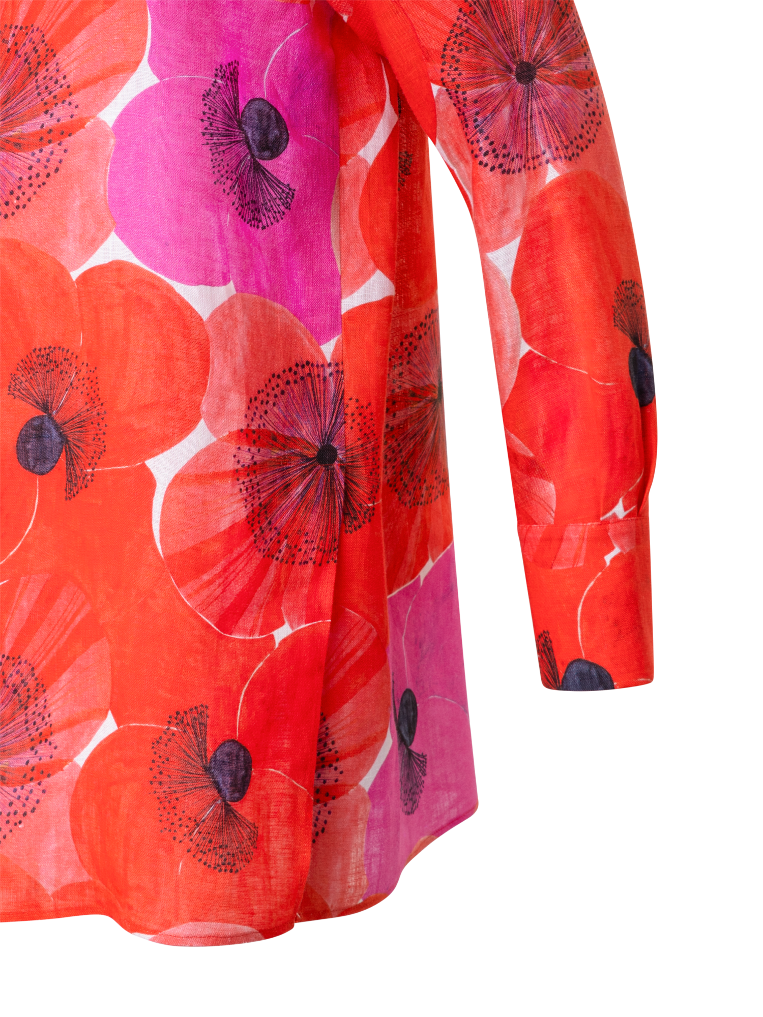 Designer Oversize Tunikabluse aus Leinen mit Poppy Druck - Bunt - Rot