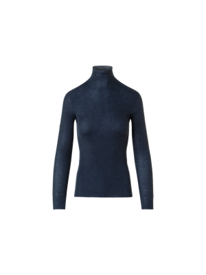 Designer Kaschmir Seide Rippenstrick Stehkragen Pulli  - Dunkelblau - Blau