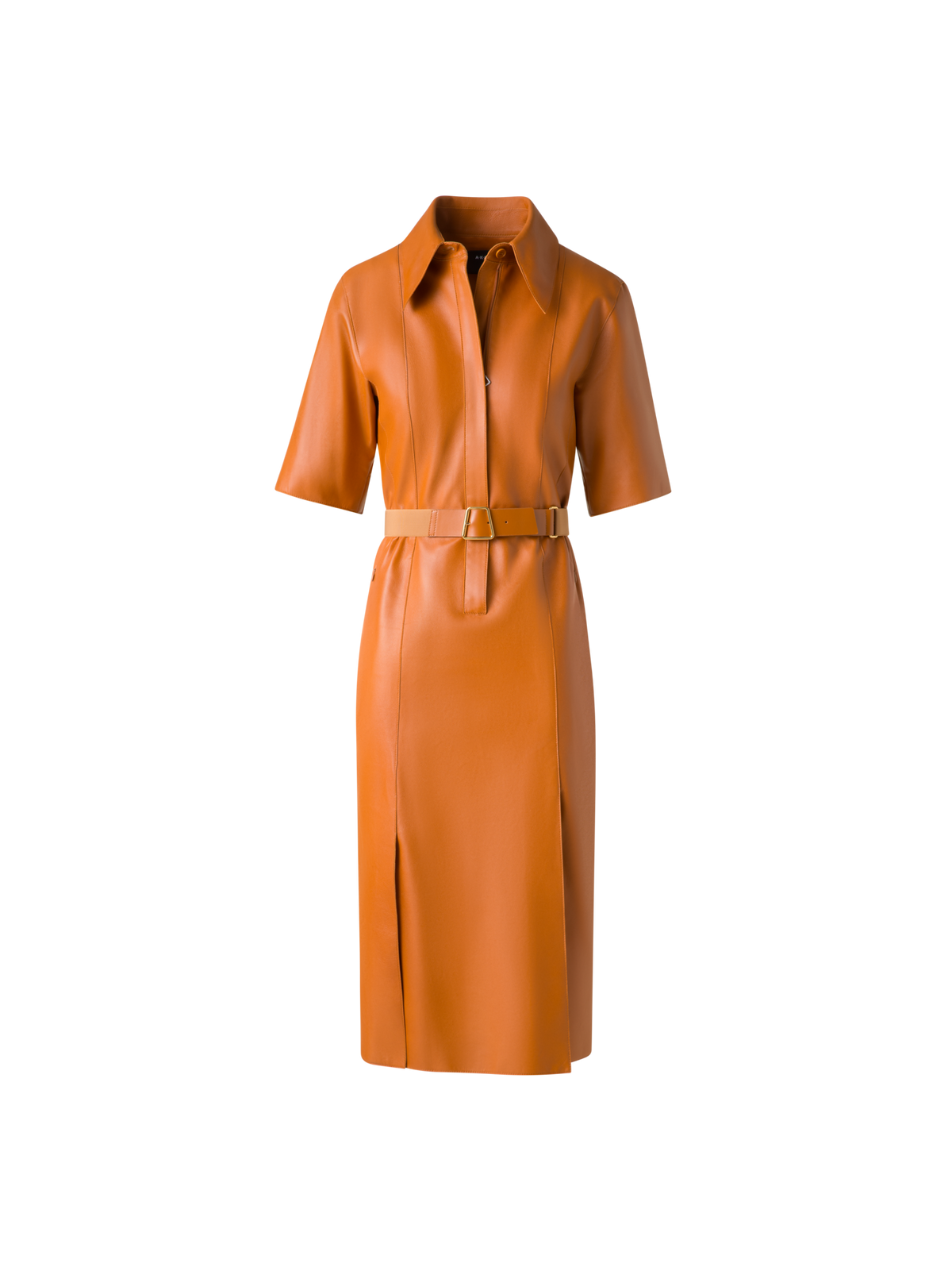 Designer Kurzarm-Hemdkleid aus Leder - Braun
