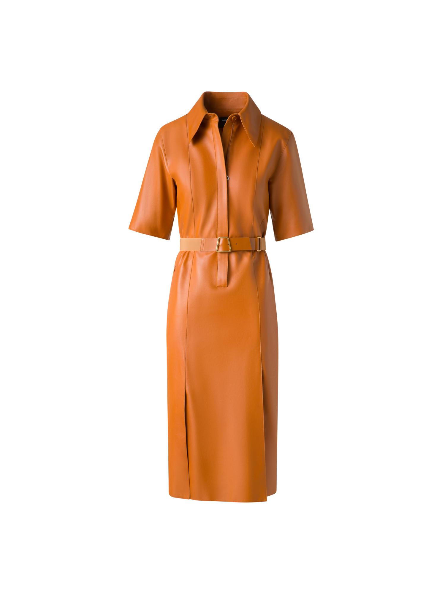 Designer Kurzarm-Hemdkleid aus Leder - Braun