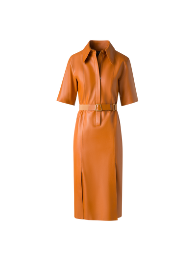 Designer Kurzarm-Hemdkleid aus Leder - Braun