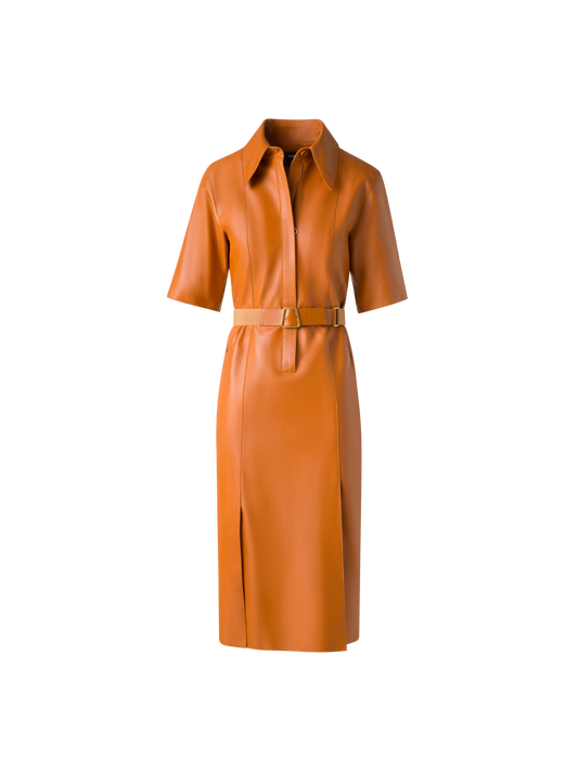 Designer Kurzarm-Hemdkleid aus Leder - Braun