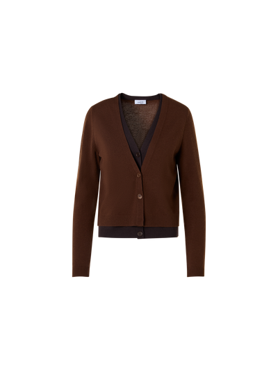 Designer Wolle-Kaschmir Cardigan mit Trompe-l'Oeil V-Einsatz - Braun