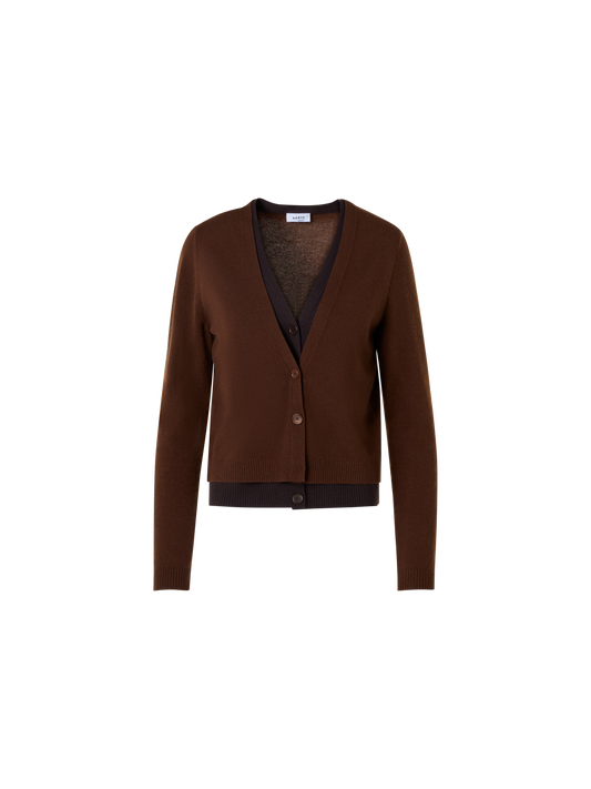 Designer Wolle-Kaschmir Cardigan mit Trompe-l'Oeil V-Einsatz - Braun