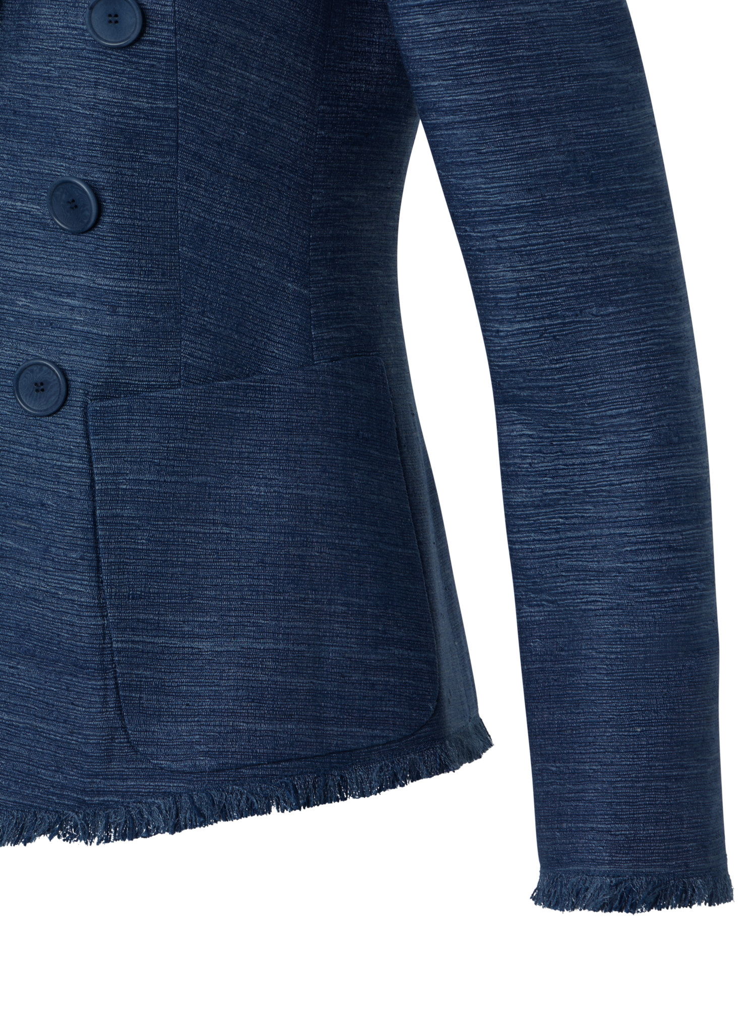 Designer Zweireiher-Jacke aus indischer Seide mit Fransen - Blau