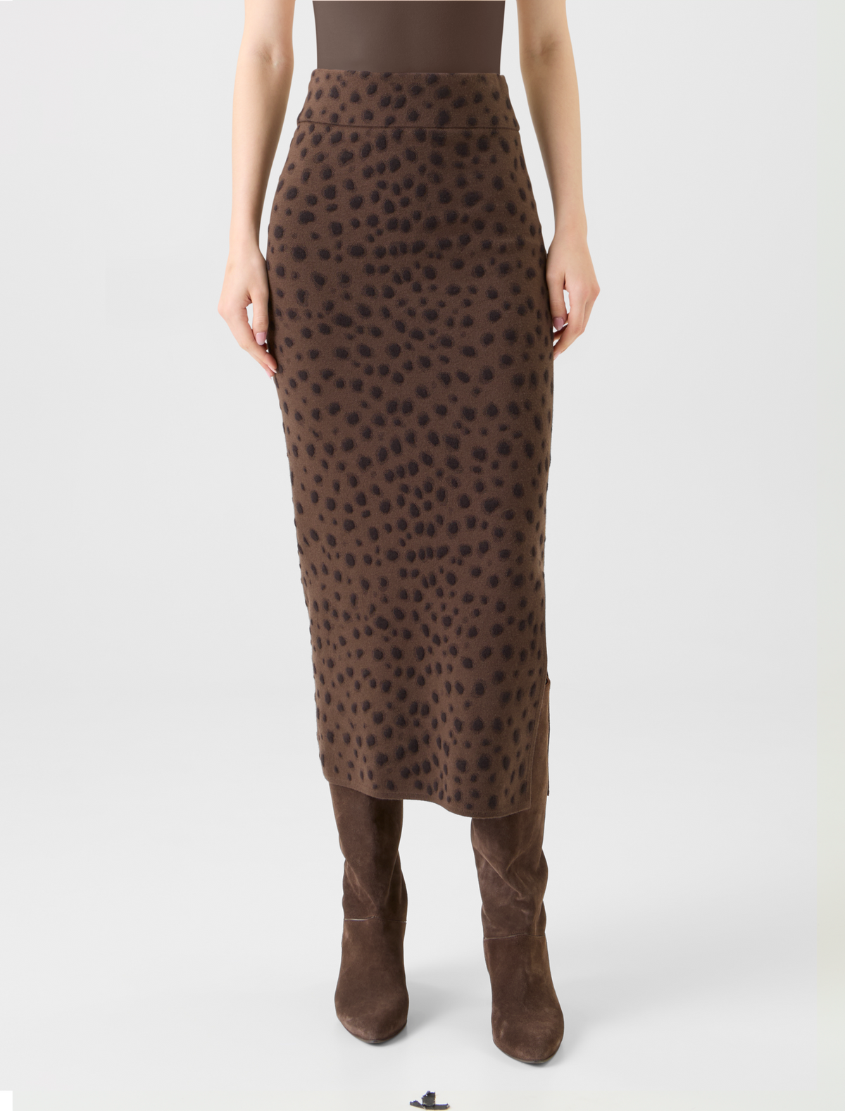 Designer Merino Wolle Schlauchjupe im Leopard Jacquard - Braun #editorial
