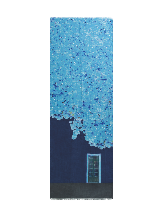 Designer Schal mit Bougainvillea Porta-Druck - Schwarz - Blau - Violett - Grau - Rosa