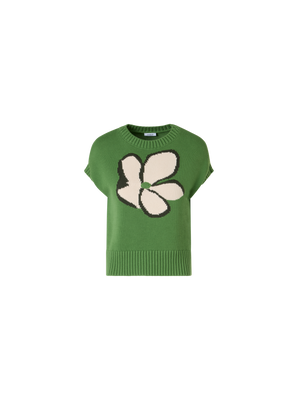 Designer Flügelärmel-Strickpullover mit Papercut Flower Intarsie - Grün