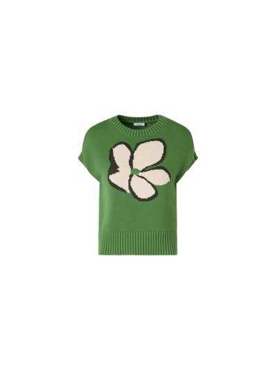 Designer Flügelärmel-Strickpullover mit Papercut Flower Intarsie - Grün