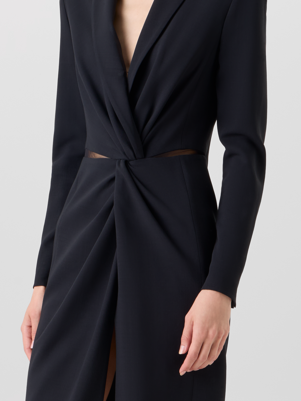 Designer Kleid aus Woll-Double-Face mit Knoten-Taille - Schwarz 