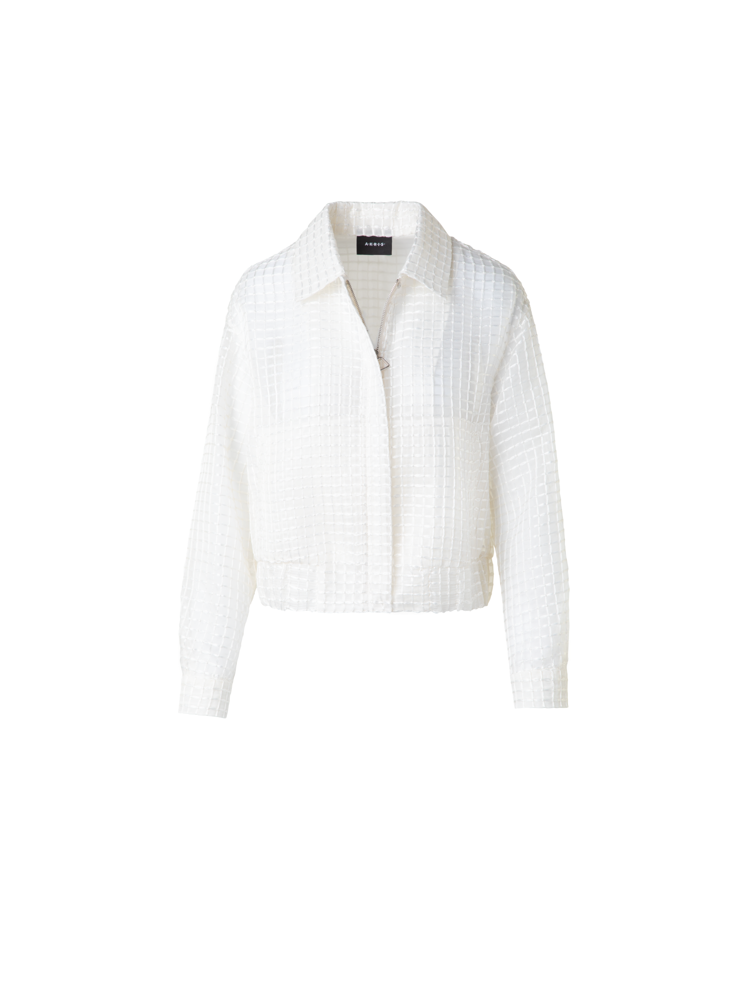 Designer Transparenter Seiden-Blouson mit Window-Karo Stickerei - Ecru - Weiss