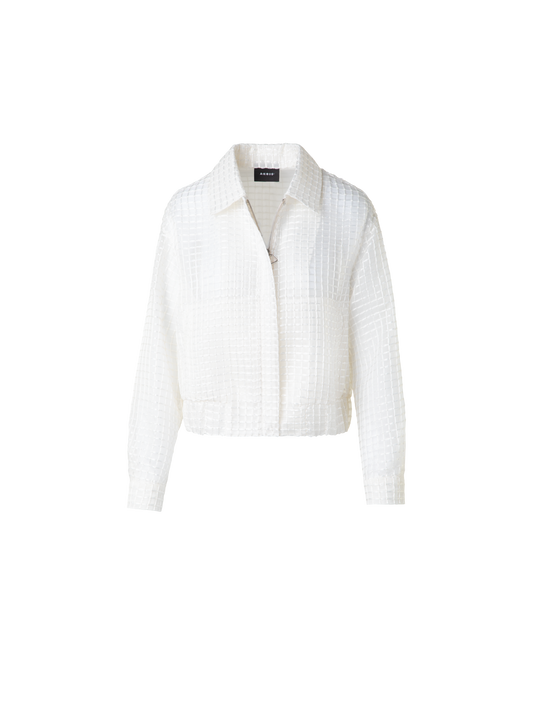 Designer Transparenter Seiden-Blouson mit Window-Karo Stickerei - Ecru - Weiss
