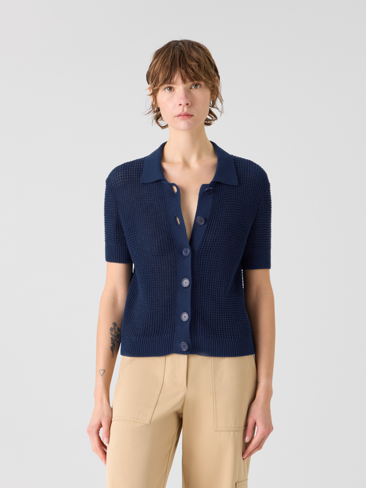 Designer Kurzärmliger Strick-Cardigan aus Leinen-Baumwolle - Dunkelblau - Blau