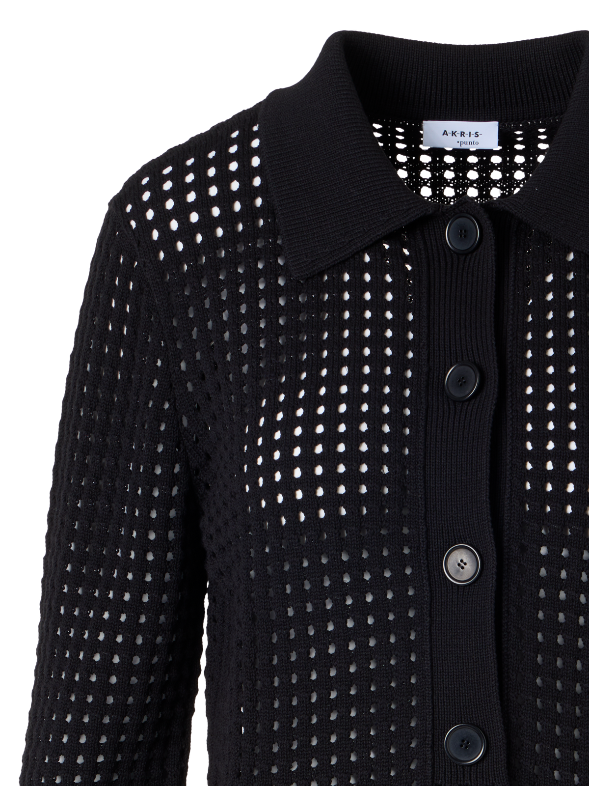 Designer Langärmelige, kurze Strickjacke aus grobem Baumwoll-Mesh - Schwarz