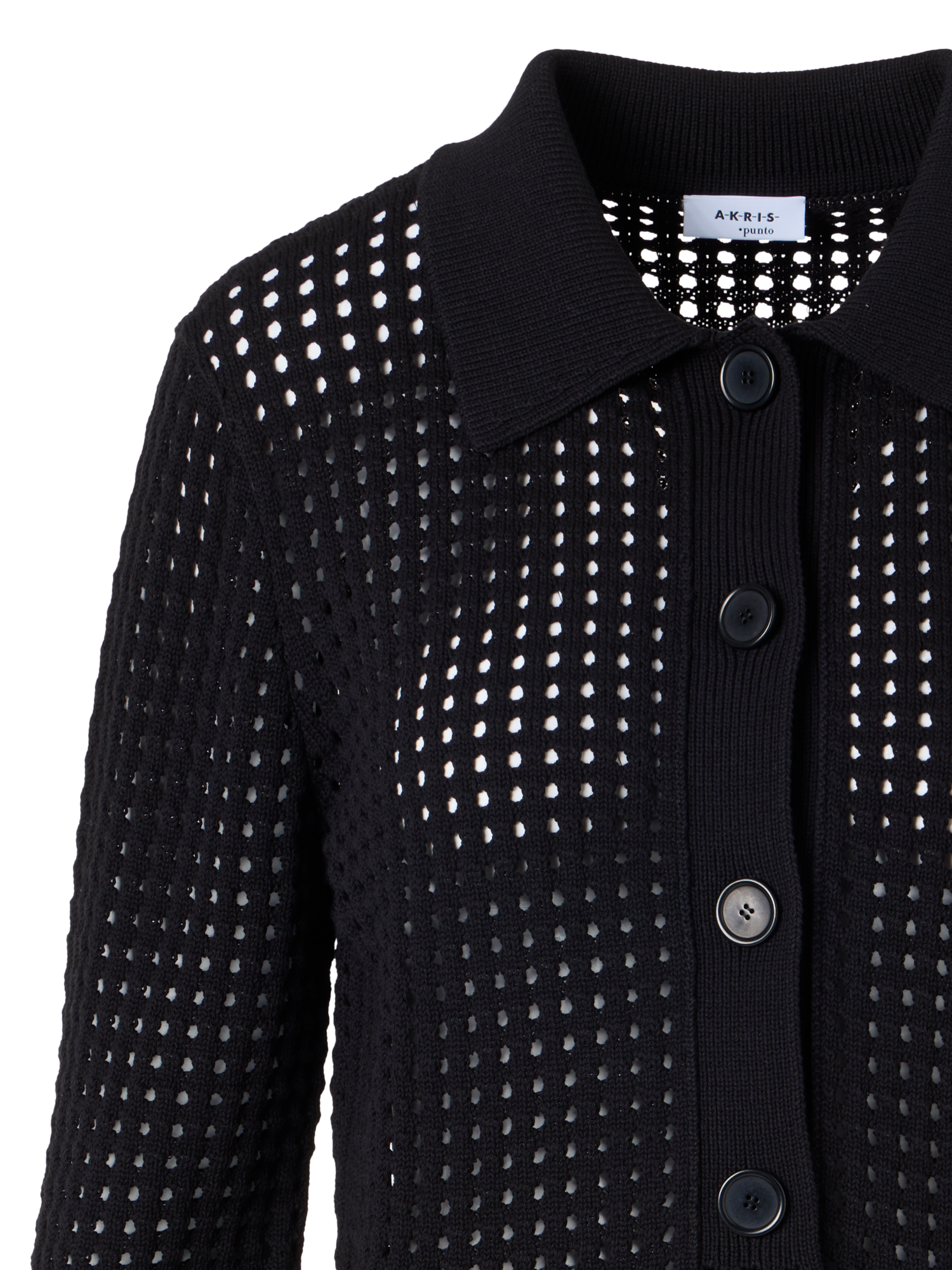 Designer Langärmelige, kurze Strickjacke aus grobem Baumwoll-Mesh - Schwarz