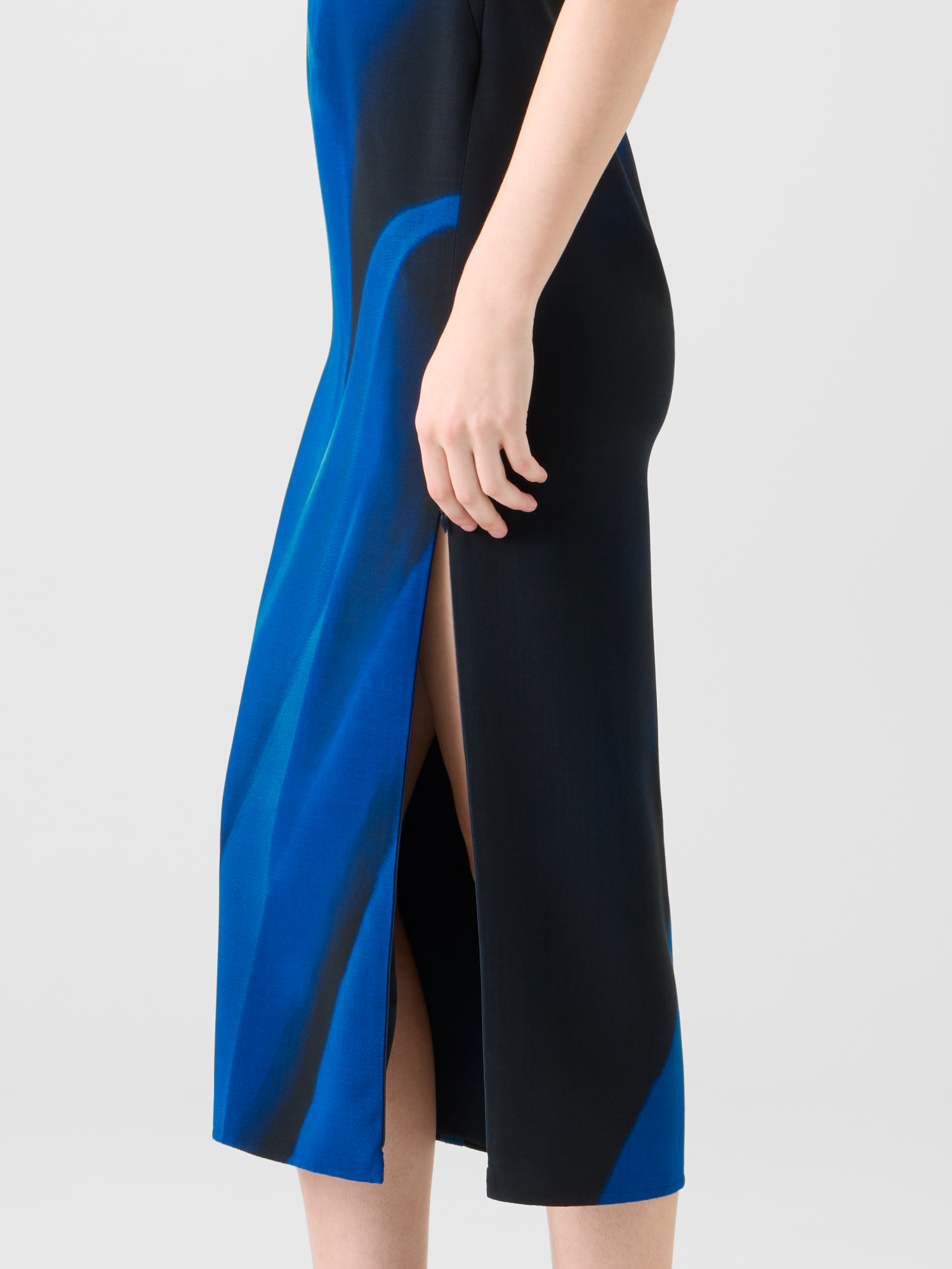 Designer Woll Etui Kleid in Cyanotype Print - Blau - Bunt 