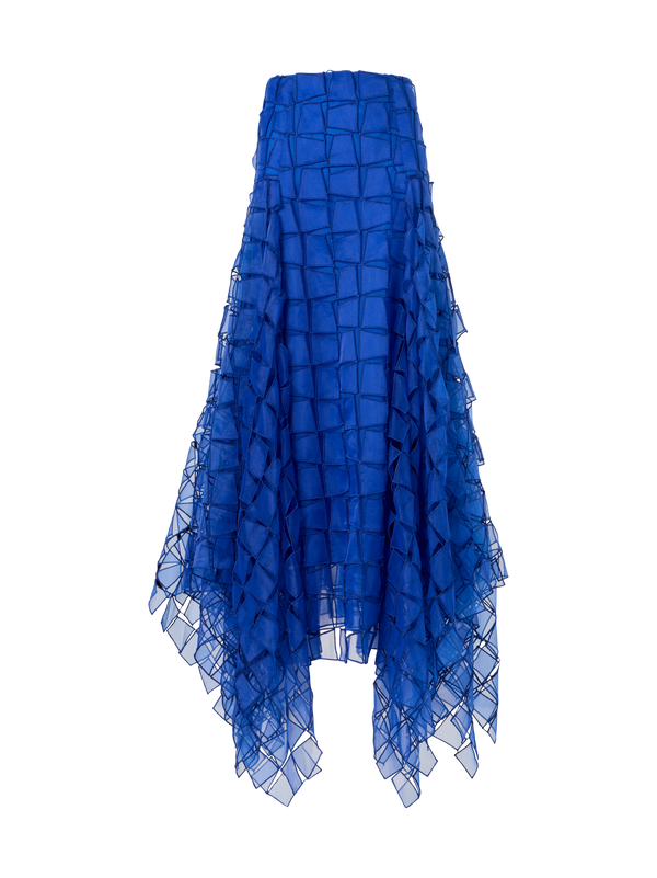 Designer Maxirock mit Trapez-Stickerei aus Organza - Blau