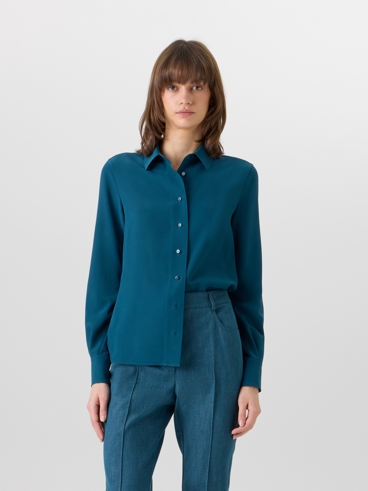 Designer Langärmelige Tunikabluse aus Seidenkrepp - Blau #editorial